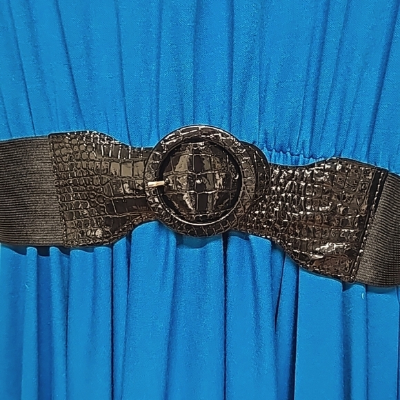 Vtg 80's Sabino Blue Belted Midi Dress, Knit, Ruched Mock Neck, Pockets, SZ 10, - Picture 3 of 13